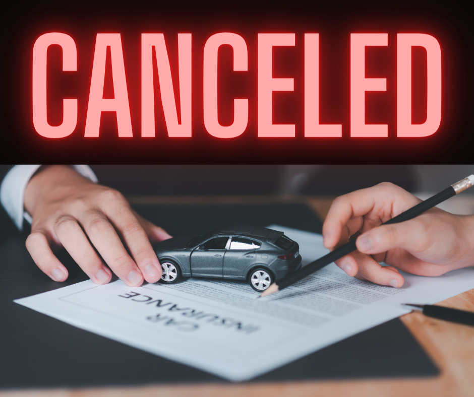 Neon 'CANCELED' sign with a car insurance document – Exploring reasons your car insurance can be canceled and how to prevent it.