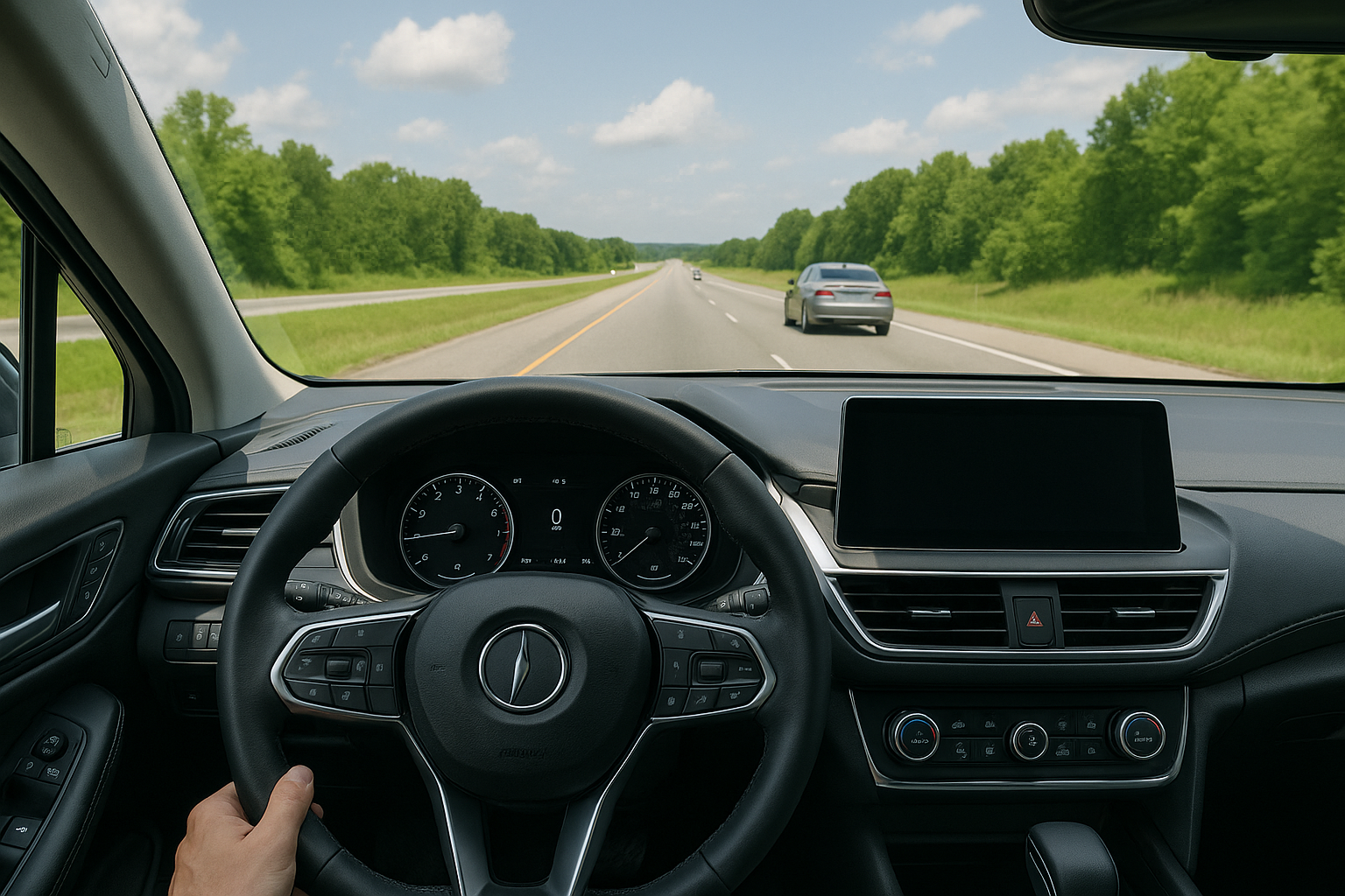 Car dashboard with a driver safely on the road, symbolizing how a clean driving record can lower auto insurance costs in Alabama and Georgia.