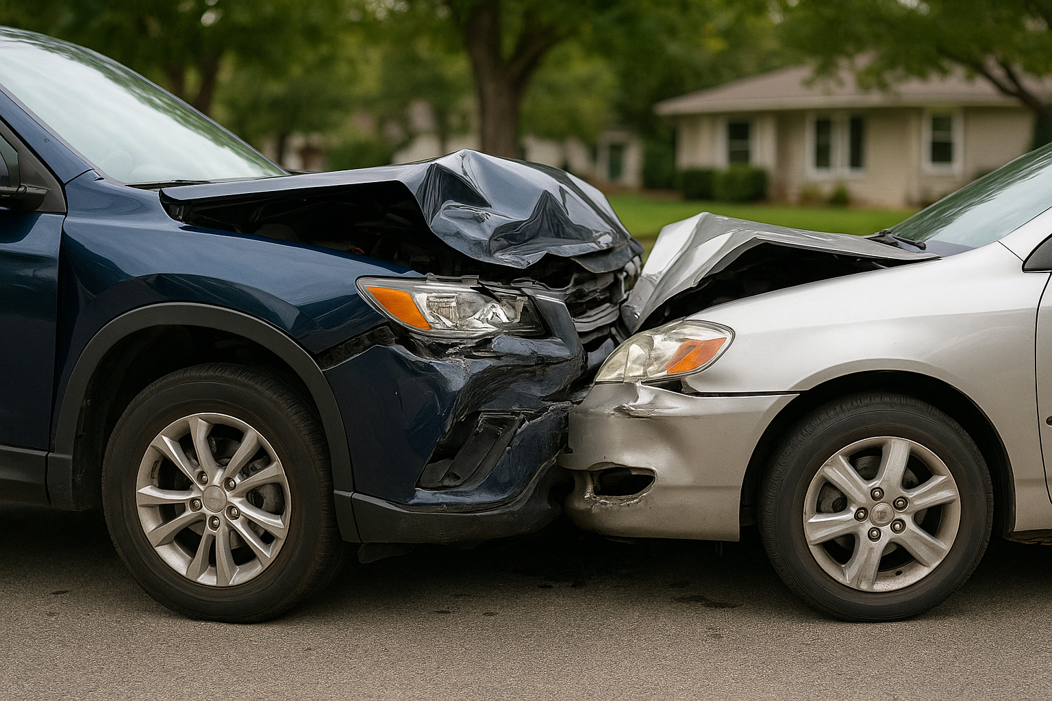 A silver sedan and a dark blue SUV with visible front and rear-end damage after a collision on a quiet Alabama neighborhood street, highlighting the importance of uninsured and underinsured motorist coverage.